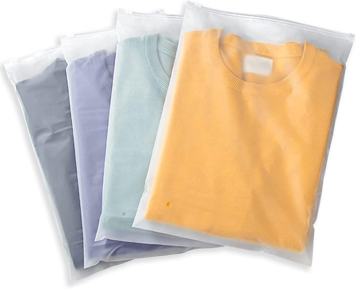 Garments neatly stored in a frosted zipper bag, protecting clothes from dust & moisture.