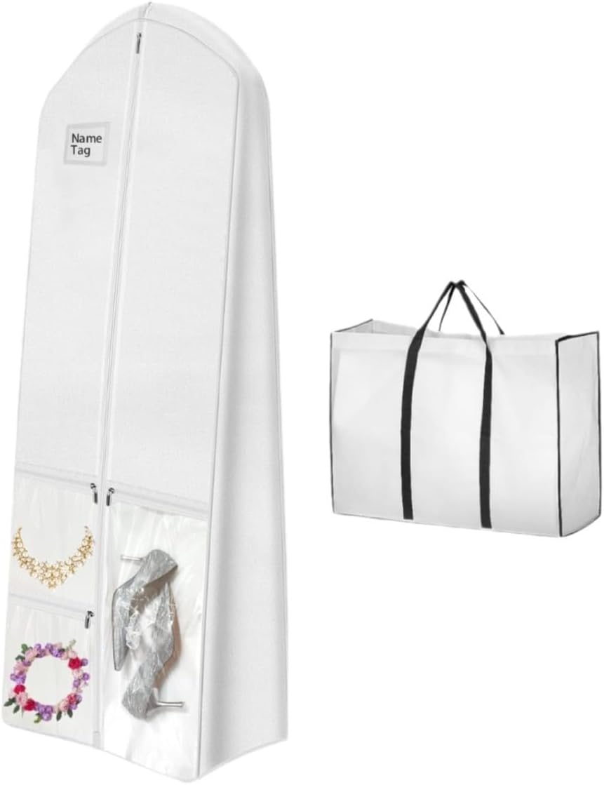 Full-length wedding dress garment bag for bridal gown storage & dustproof protection. Ideal for formalwear preservation.