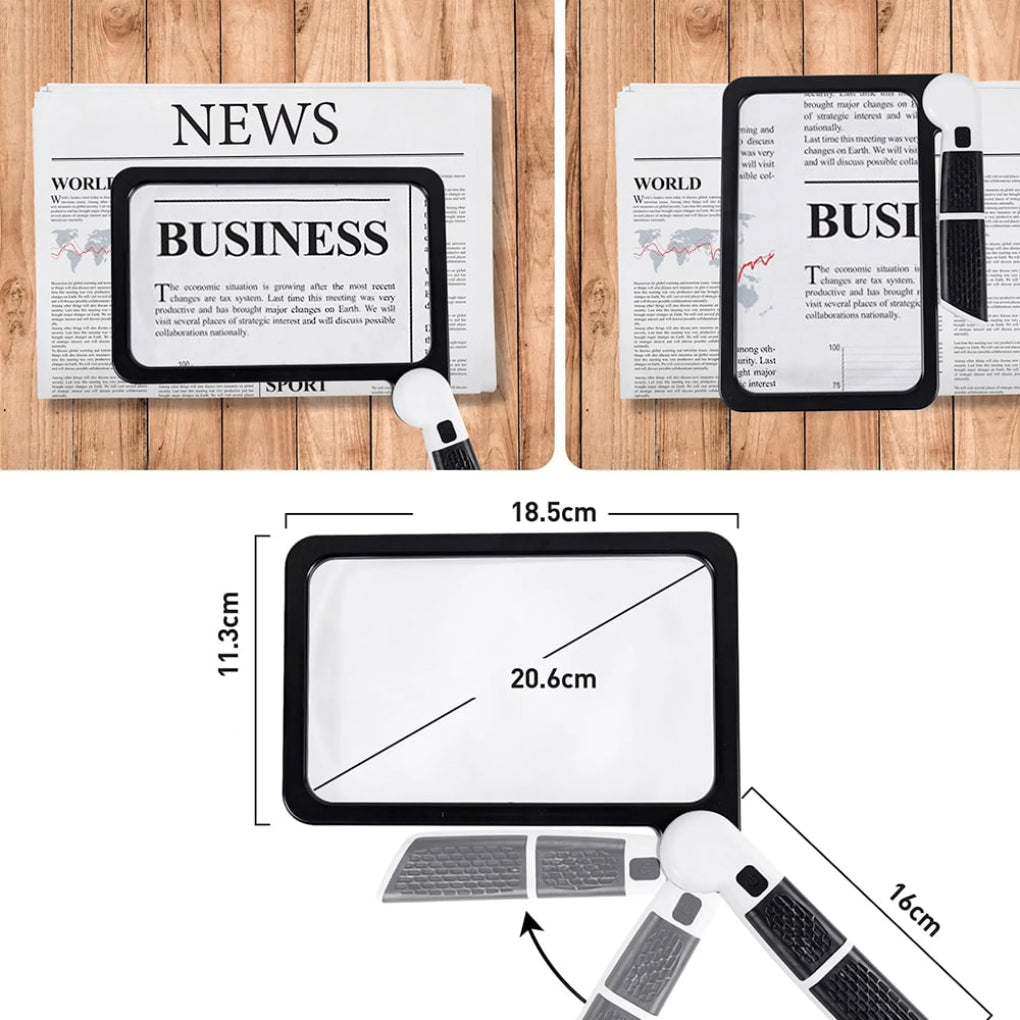 Portable full page reading aid magnifier with handle for seniors & hobbyists.