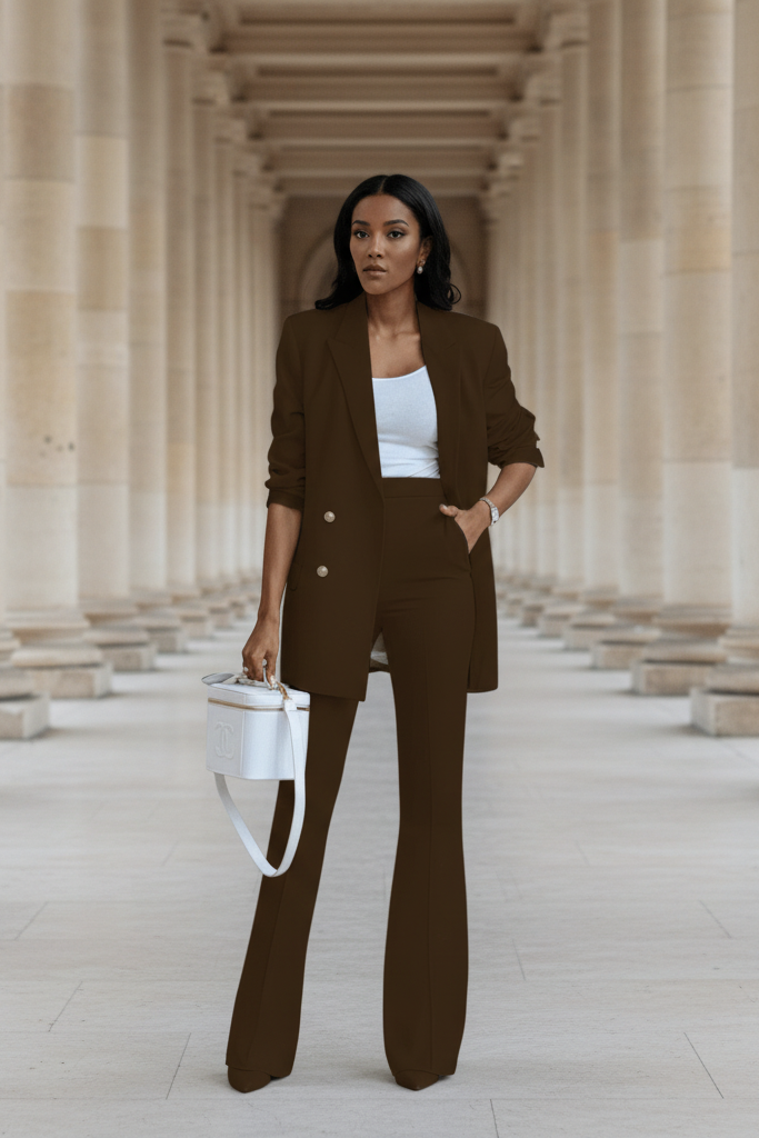 Elegant women's business casual blazer and matching trousers, a versatile two-piece outfit.