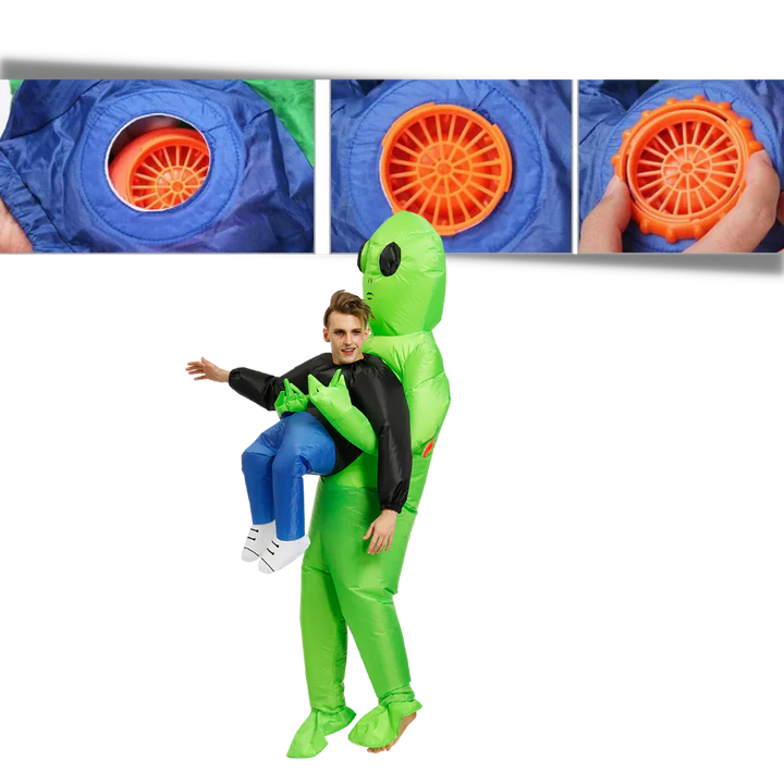 Hilarious inflatable costume depicting a human being 'abducted' by a green alien, ideal for Halloween fun.