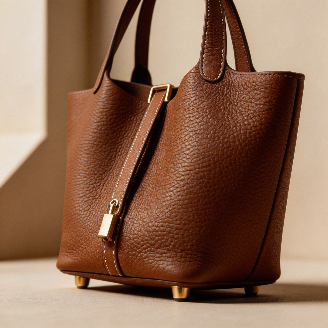 Green genuine leather bucket bag, versatile women's shoulder bag for daily use.