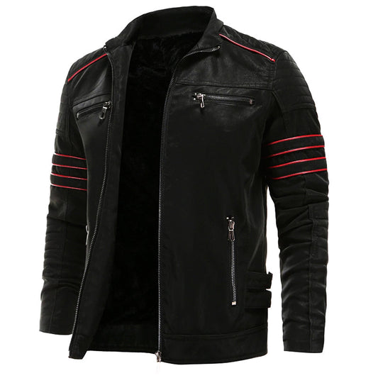 "Giacca da motociclista in pelle nero con strisce rosse, elegante colletto rialzato, offre stile e protezione su strada"