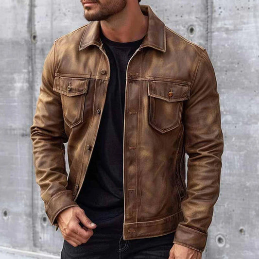 "Giacca da uomo in pelle marrone con chiusura a bottoni, stile vintage, colletto girevole e tasche multiple per eleganza."