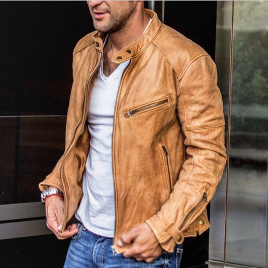 Giacca da uomo in pelle nera elegante e resistente alle intemperie, con design versatile e finiture di alta qualità.