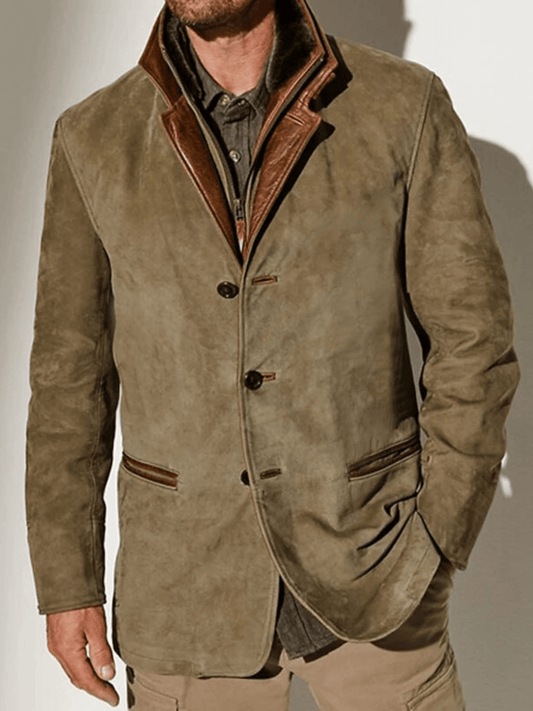 "Giacca di pelle vintage da uomo marrone, design slim, collo alto, perfetta per un look classico e chic in ogni occasione."