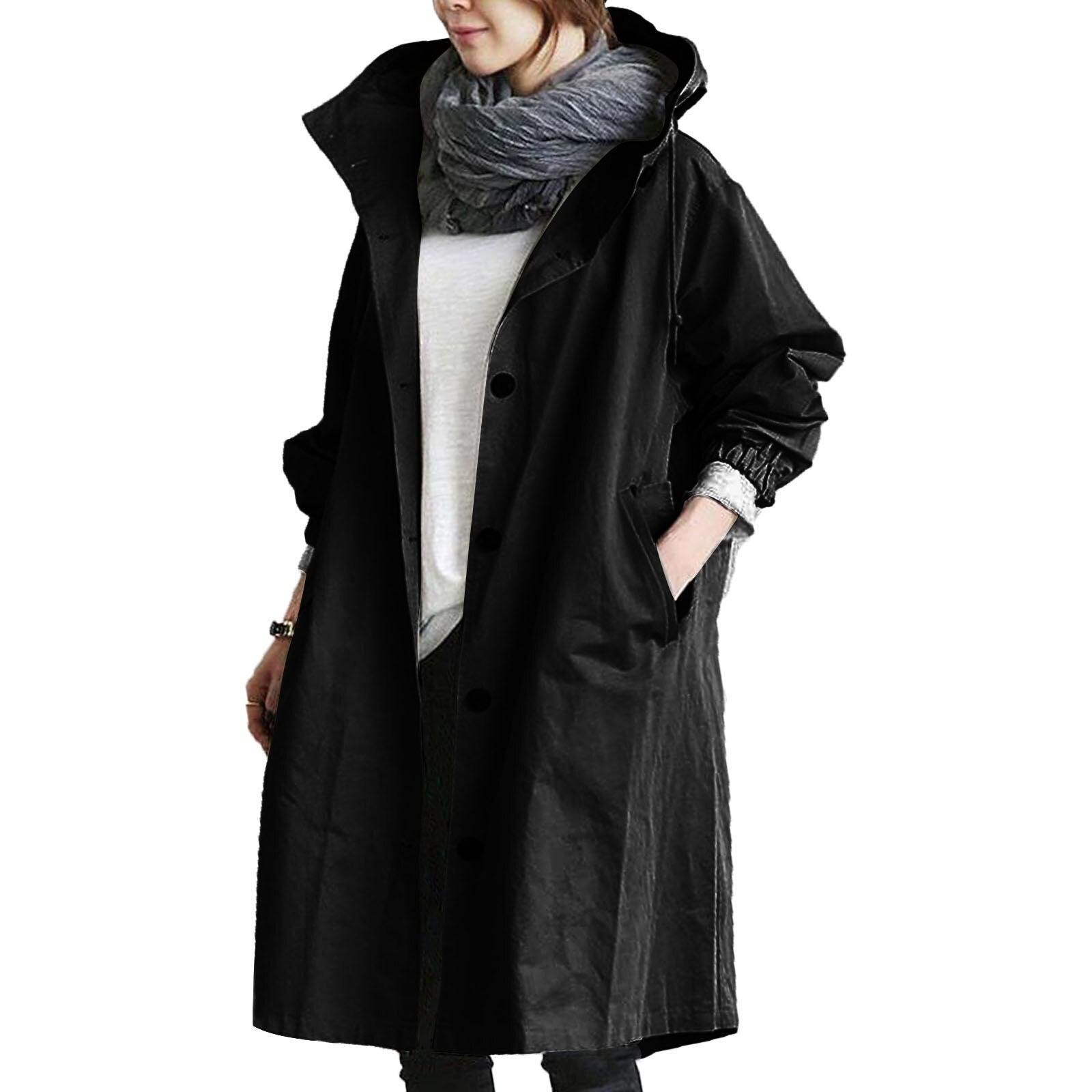 "Giacca impermeabile donna con cappuccio elegante, tessuto blu, design moderno monopetto, perfetta per pioggia e vento."