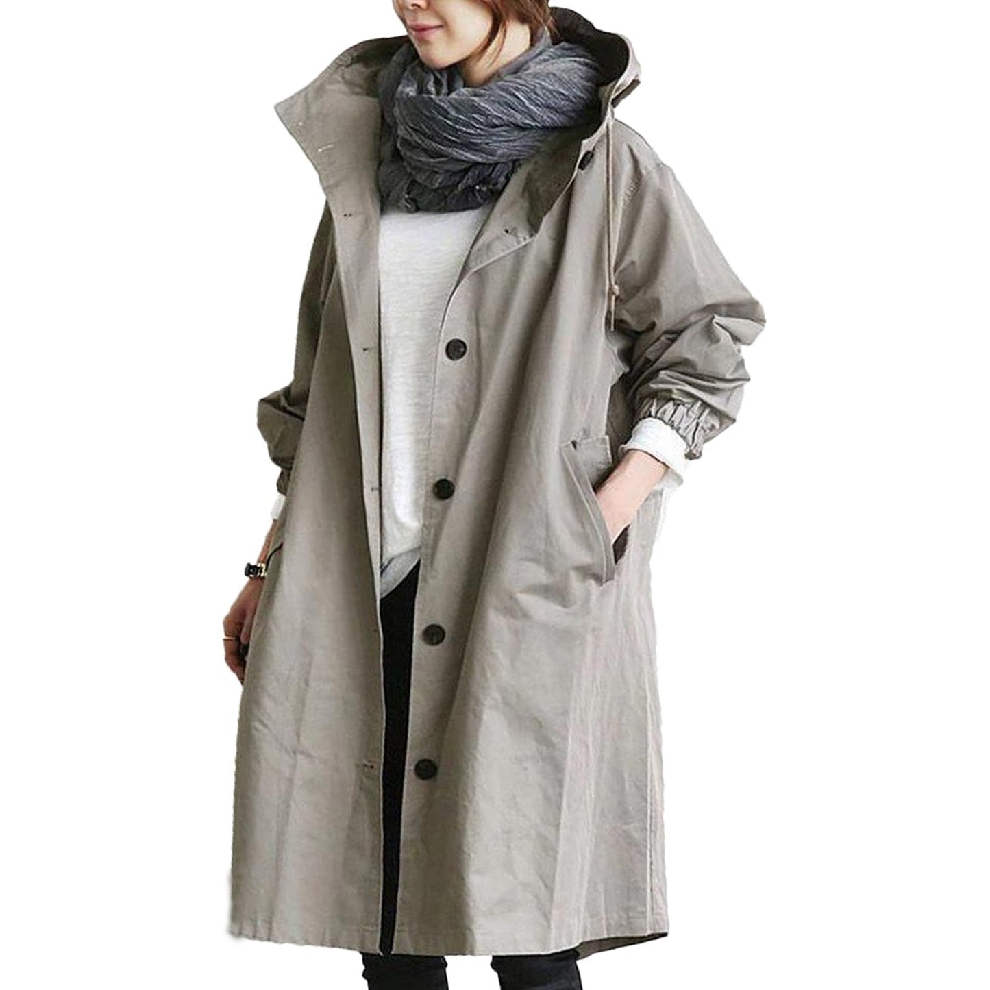"Giacca impermeabile donna con cappuccio elegante, tessuto blu, design moderno monopetto, perfetta per pioggia e vento."