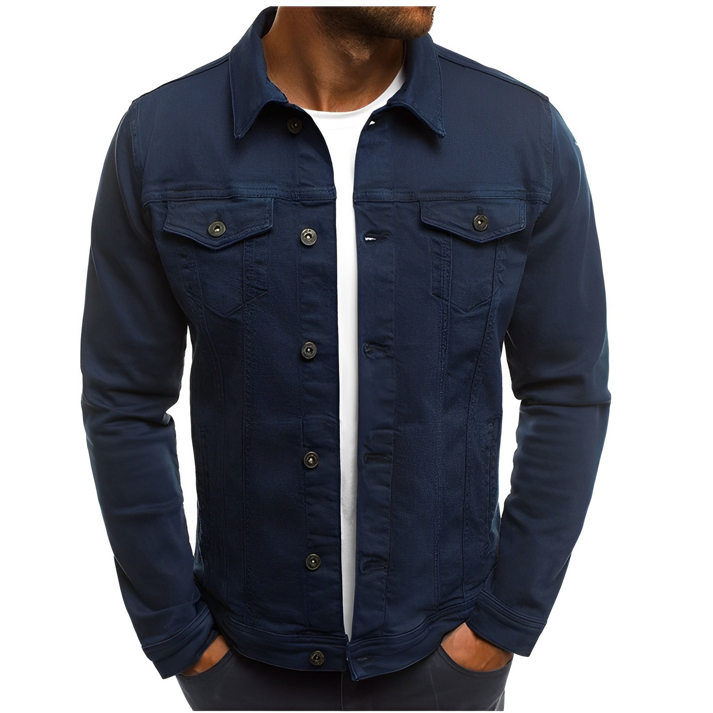 Giacca in denim da uomo con multi-tasche, design classico e abbottonatura frontale, ideale per serate estive fresche.