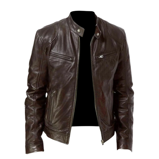 "Giacca in pelle retrò da uomo, nera o khaki, elegante con cerniera e tasche, per un look sofisticato e funzionale."