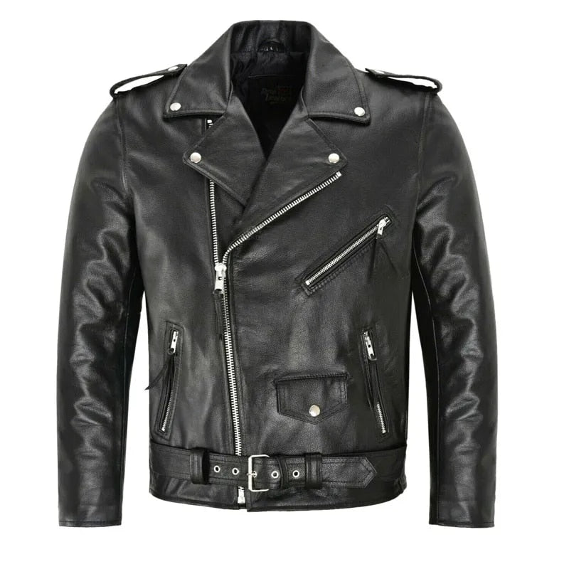 "Giacca in pelle uomo nero-bianco elegante, taglio moderno, materiali pregiati, immagine frontale visibile."