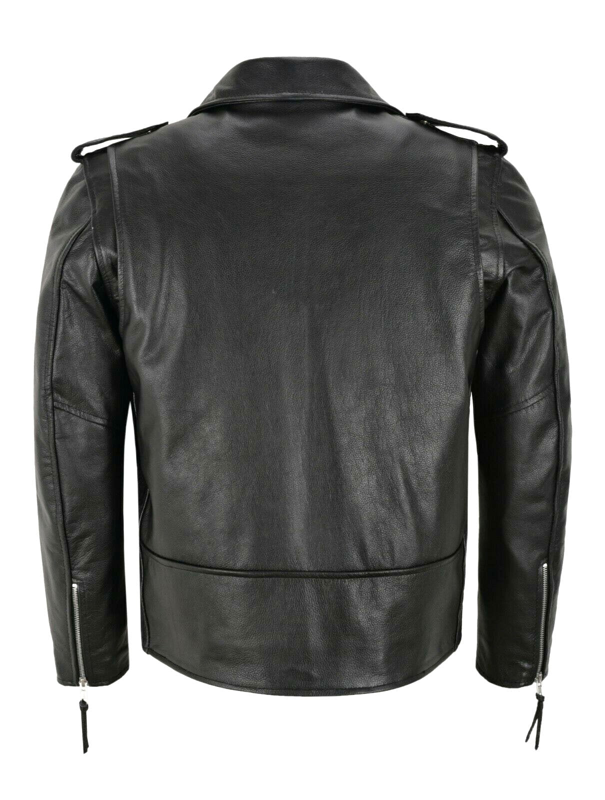 "Giacca in pelle uomo nero-bianco elegante, taglio moderno, materiali pregiati, immagine frontale visibile."