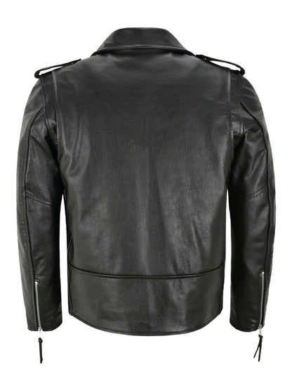 "Giacca in pelle uomo nero-bianco elegante, taglio moderno, materiali pregiati, immagine frontale visibile."