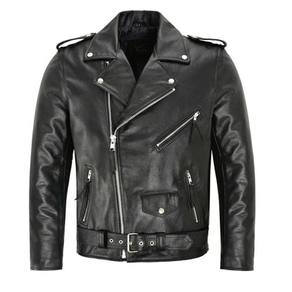 "Giacca in pelle uomo nero-bianco elegante, taglio moderno, materiali pregiati, immagine frontale visibile."