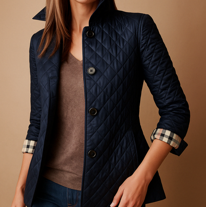 "Giacca invernale donna in seta e cotone, design elegante, colore neutro, calda e accogliente per l'inverno."
