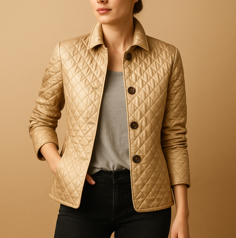 "Giacca invernale donna in seta e cotone, design elegante, colore neutro, calda e accogliente per l'inverno."