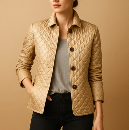 "Giacca invernale donna in seta e cotone, design elegante, colore neutro, calda e accogliente per l'inverno."