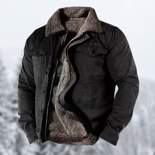"Giacca invernale vintage uomo con sherpa, design retrò, interno caldo e tasche, perfetta per inverno ed eleganza."