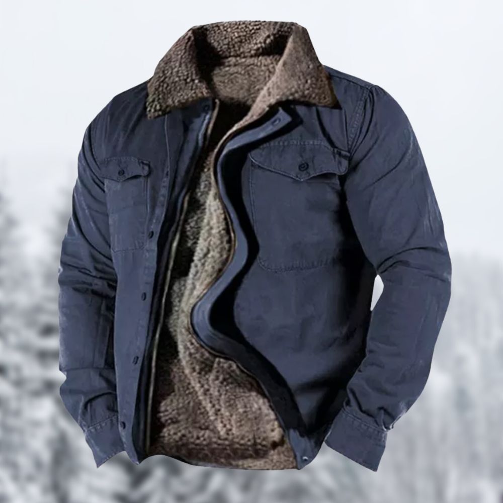 "Giacca invernale vintage uomo con sherpa, design retrò, interno caldo e tasche, perfetta per inverno ed eleganza."