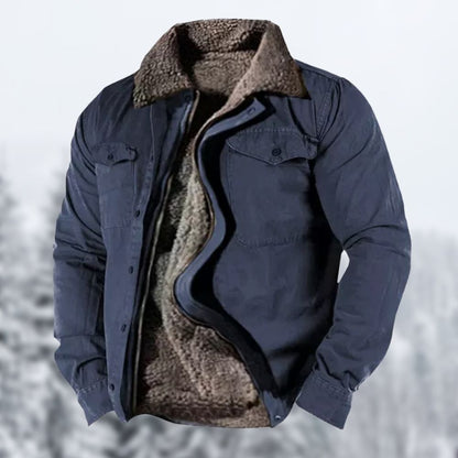 "Giacca invernale vintage uomo con sherpa, design retrò, interno caldo e tasche, perfetta per inverno ed eleganza."