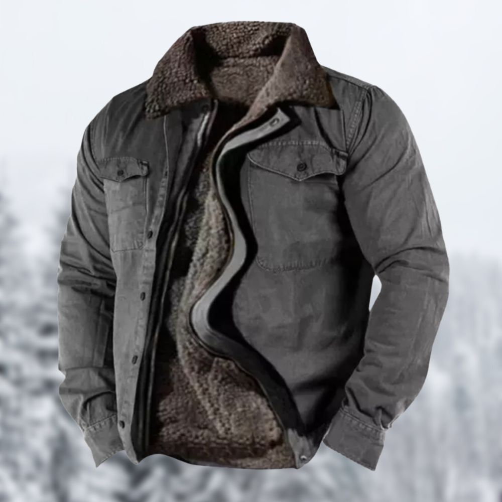 "Giacca invernale vintage uomo con sherpa, design retrò, interno caldo e tasche, perfetta per inverno ed eleganza."