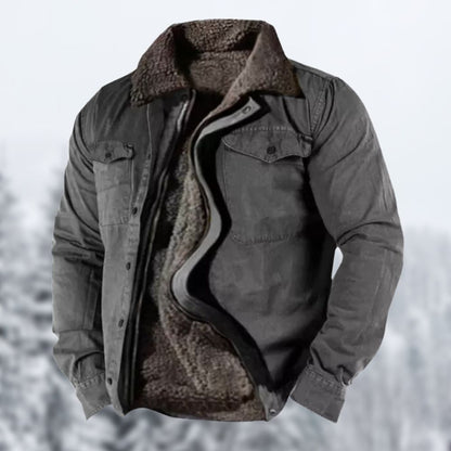 "Giacca invernale vintage uomo con sherpa, design retrò, interno caldo e tasche, perfetta per inverno ed eleganza."