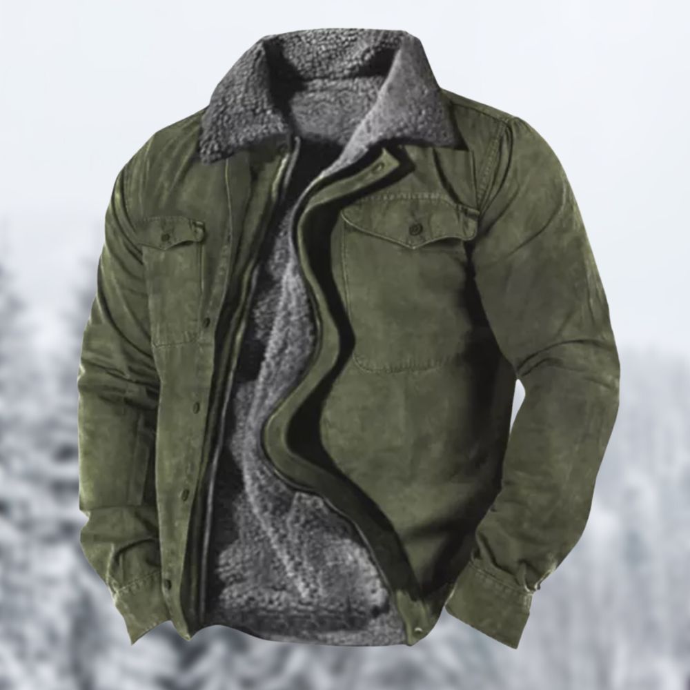 "Giacca invernale vintage uomo con sherpa, design retrò, interno caldo e tasche, perfetta per inverno ed eleganza."