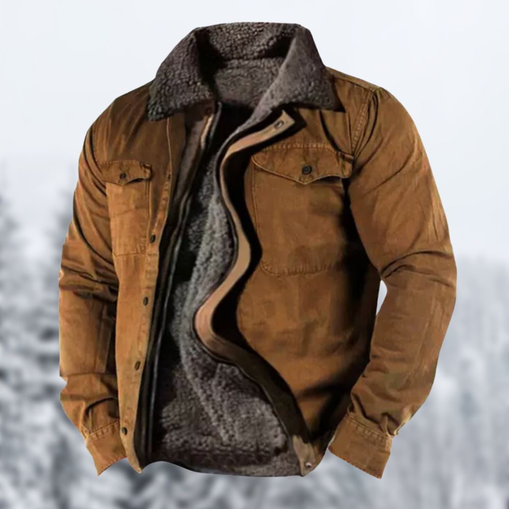 "Giacca invernale vintage uomo con sherpa, design retrò, interno caldo e tasche, perfetta per inverno ed eleganza."