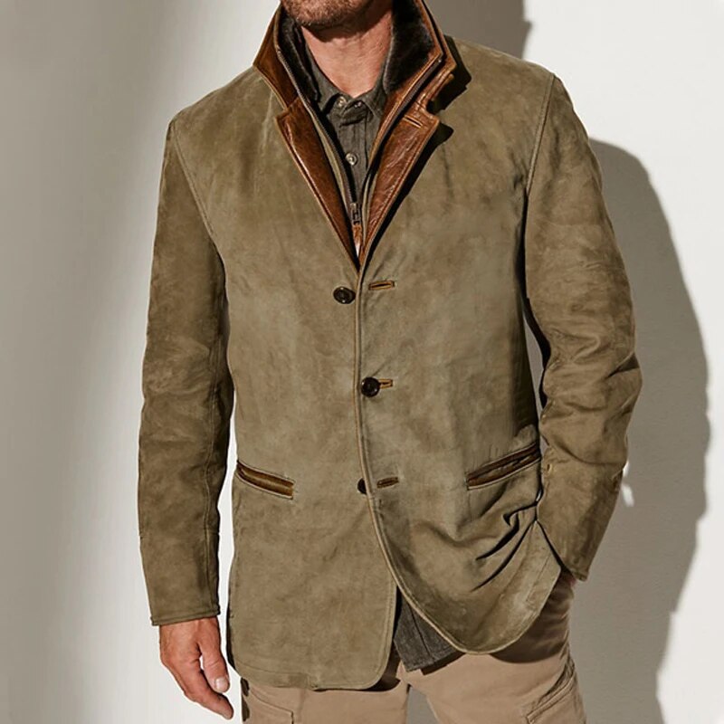 "Giacca uomo vintage elegante in tessuto invernale, design classico, colori sobri e tessuto resistente."
