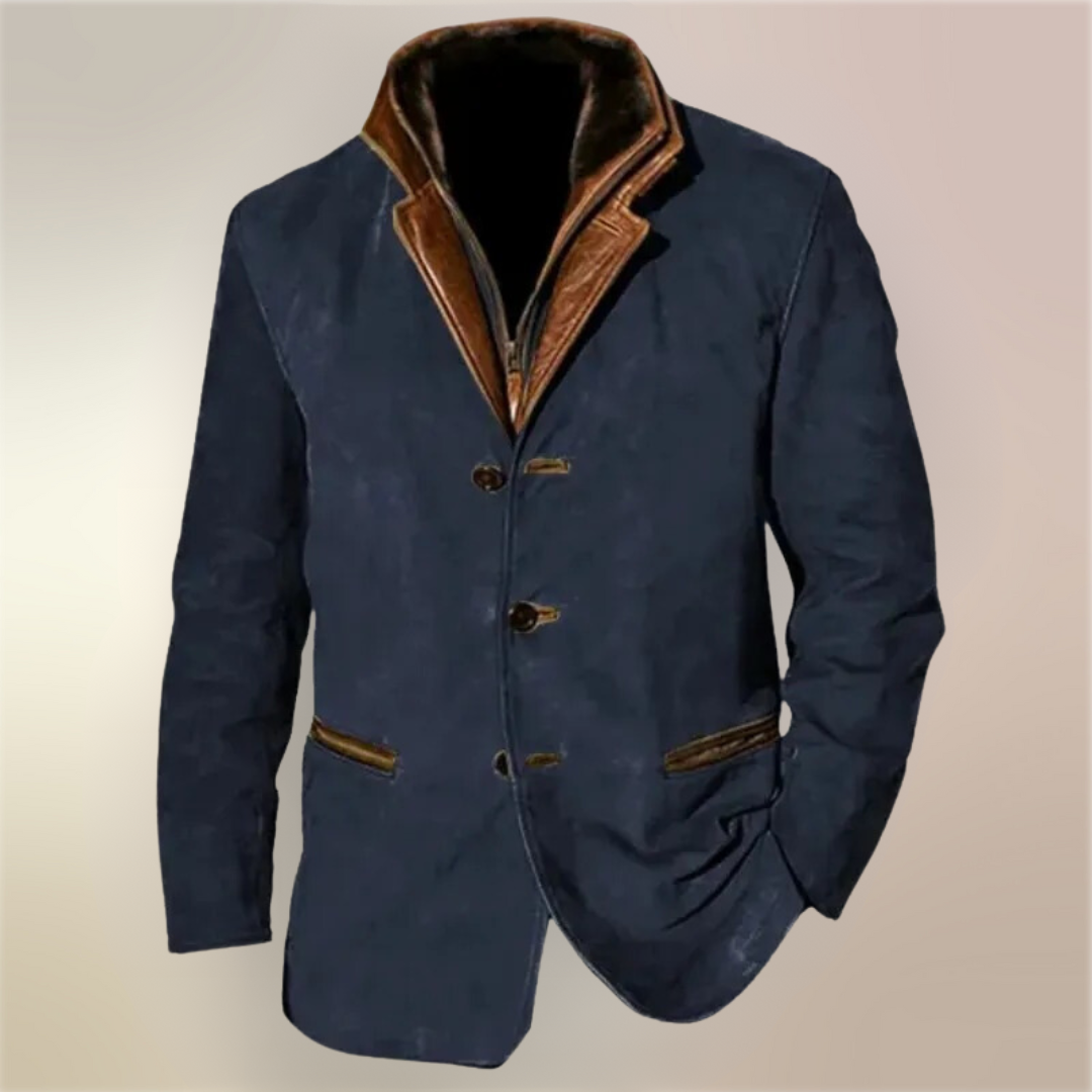 "Giacca uomo vintage elegante in tessuto invernale, design classico, colori sobri e tessuto resistente."