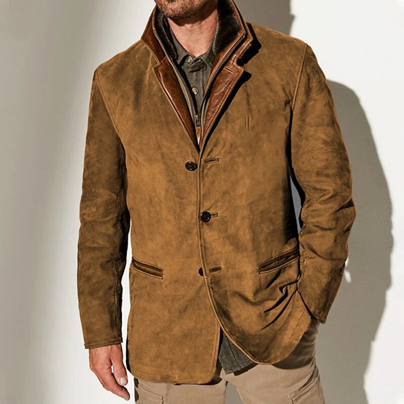 "Giacca uomo vintage elegante in tessuto invernale, design classico, colori sobri e tessuto resistente."
