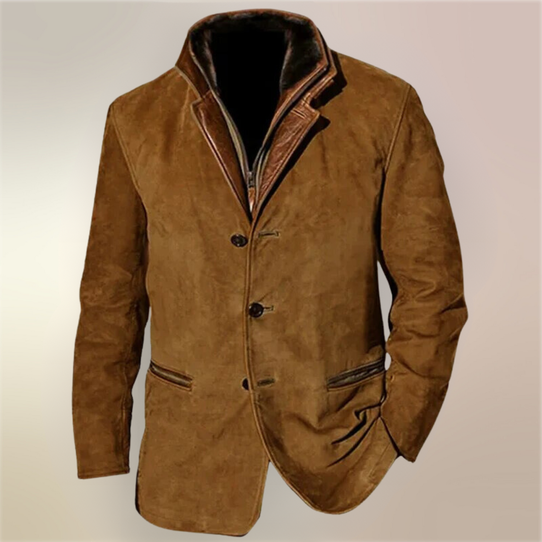 "Giacca uomo vintage elegante in tessuto invernale, design classico, colori sobri e tessuto resistente."