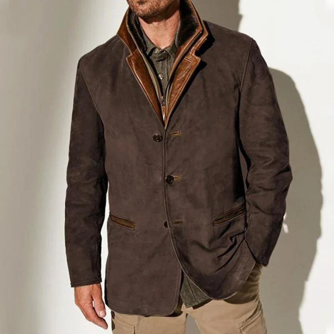 "Giacca uomo vintage elegante in tessuto invernale, design classico, colori sobri e tessuto resistente."