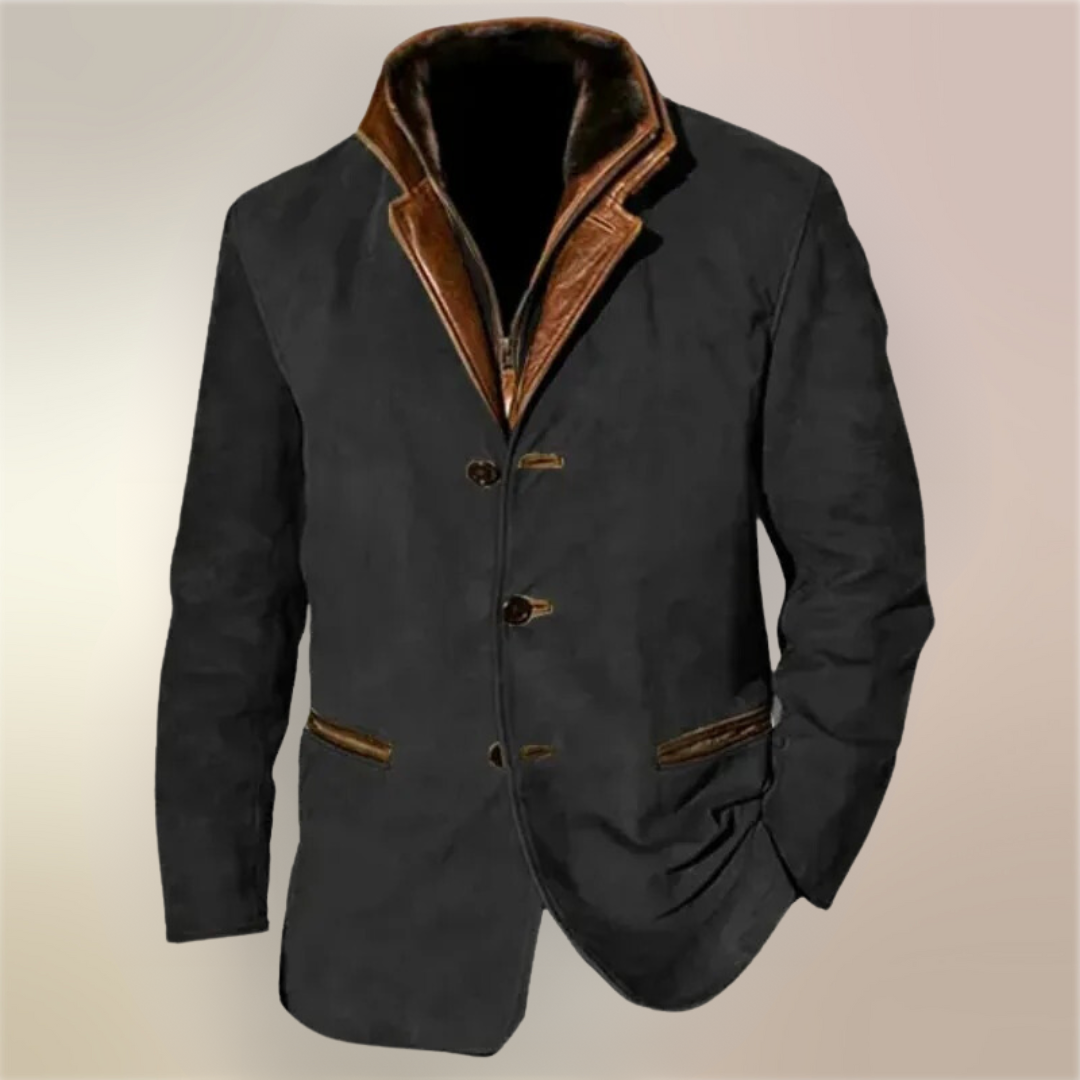 "Giacca uomo vintage elegante in tessuto invernale, design classico, colori sobri e tessuto resistente."