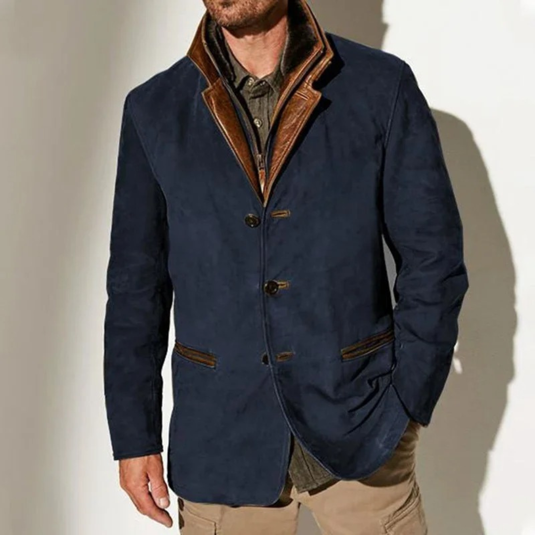"Giacca uomo vintage elegante in tessuto invernale, design classico, colori sobri e tessuto resistente."