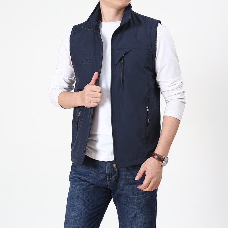 "Gilet casual corto uomo, collo coreano, leggero, varie tonalità, stile elegante per qualsiasi look."
