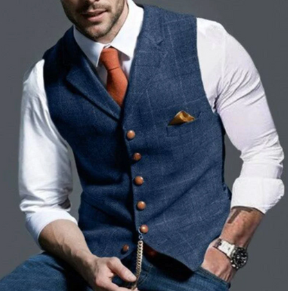 "Gilet elegante uomo con bottoni, design classico a V, regolabile, foderato, grigio chiaro per un look sofisticato."