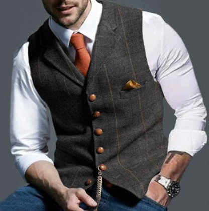"Gilet elegante uomo con bottoni, design classico a V, regolabile, foderato, grigio chiaro per un look sofisticato."