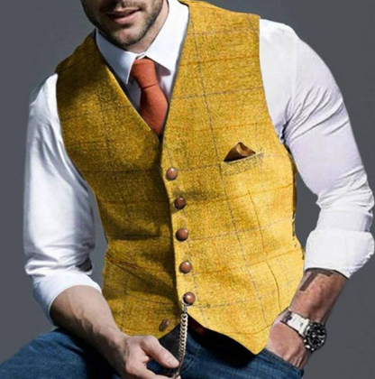 "Gilet elegante uomo con bottoni, design classico a V, regolabile, foderato, grigio chiaro per un look sofisticato."