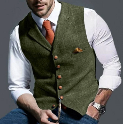 "Gilet elegante uomo con bottoni, design classico a V, regolabile, foderato, grigio chiaro per un look sofisticato."