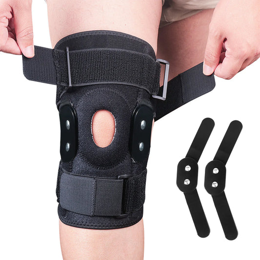 "Ginocchiera unisex regolabile con cerniere, colore nero, design aperto, per supporto sportivo e recupero infortuni."