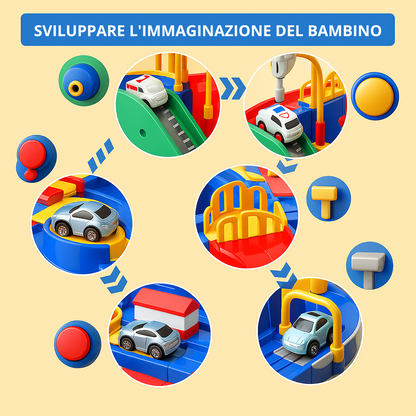 Giocattolo interattivo per bambini, set di piste regolabili e 4 macchine in colori brillanti, stimola creatività e apprendime