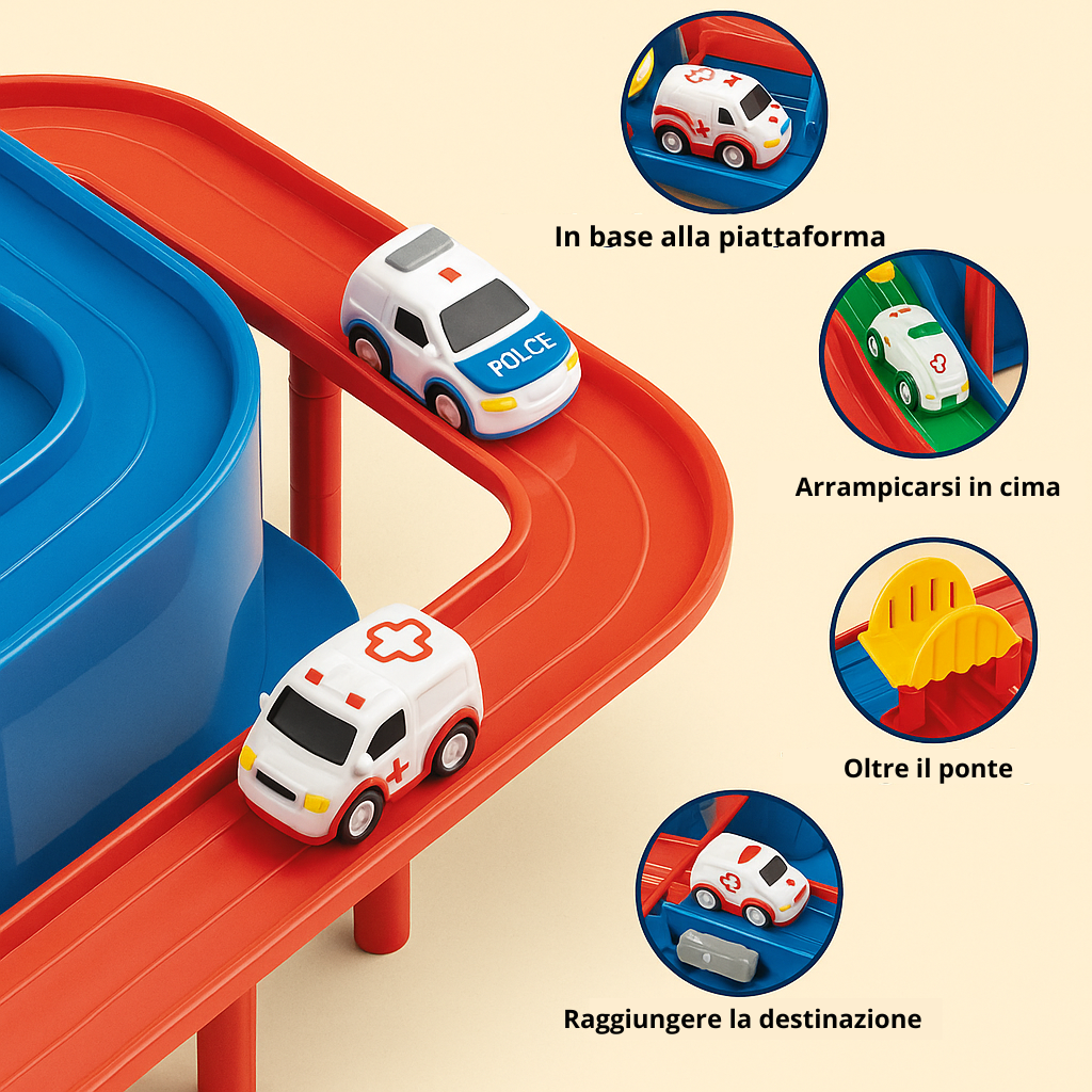 Giocattolo interattivo per bambini, set di piste regolabili e 4 macchine in colori brillanti, stimola creatività e apprendime