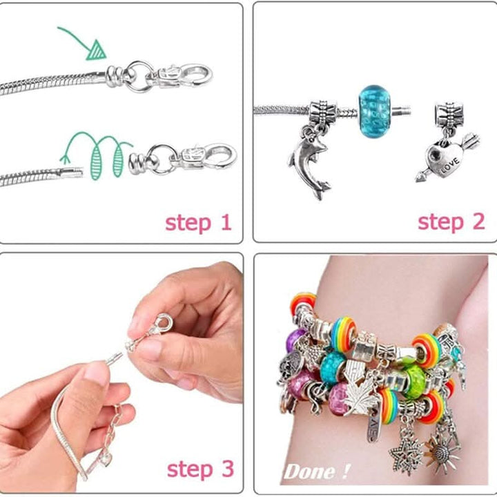 Girls' craft kit with glittering charms. Design and make personalized bracelets, ideal for kids.