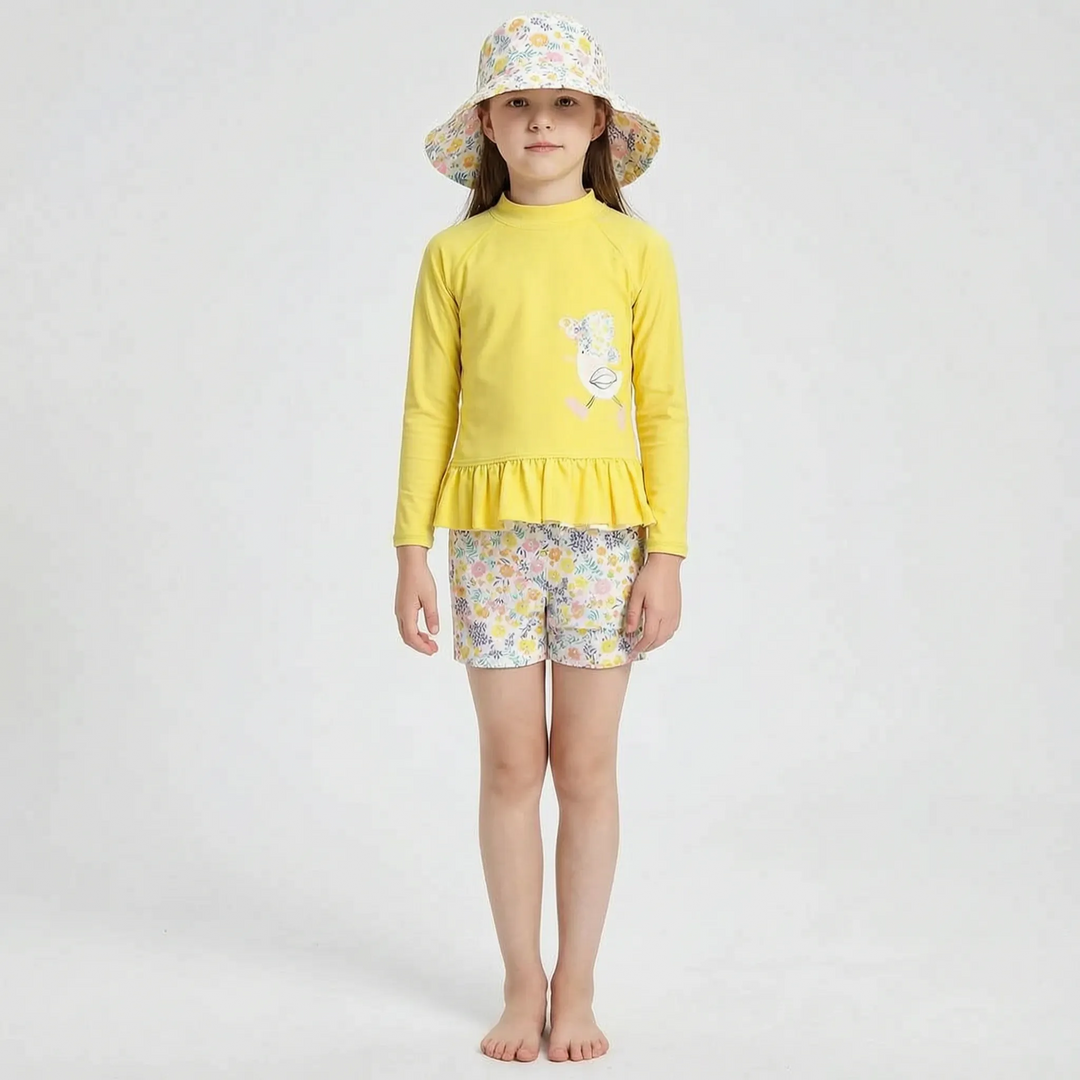 Complete girls' rash guard swim set with long sleeves, ruffled bottoms & hat, ensuring UPF 50+ sun safety.