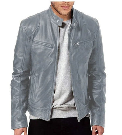 "Giubbotto di pelle uomo nero, stile elegante, con cerniera e tasche, ideale per look casual e formali, in vari colori."