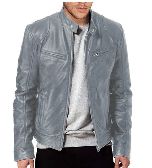 "Giubbotto di pelle uomo nero, stile elegante, con cerniera e tasche, ideale per look casual e formali, in vari colori."