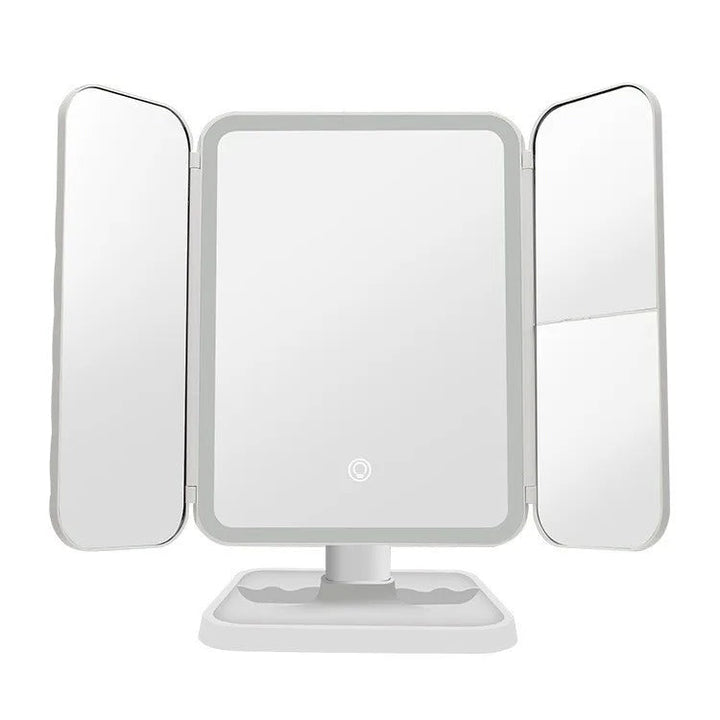 Glamlit lighted trifold mirror with LED lights for flawless makeup application, perfect for any vanity or travel.