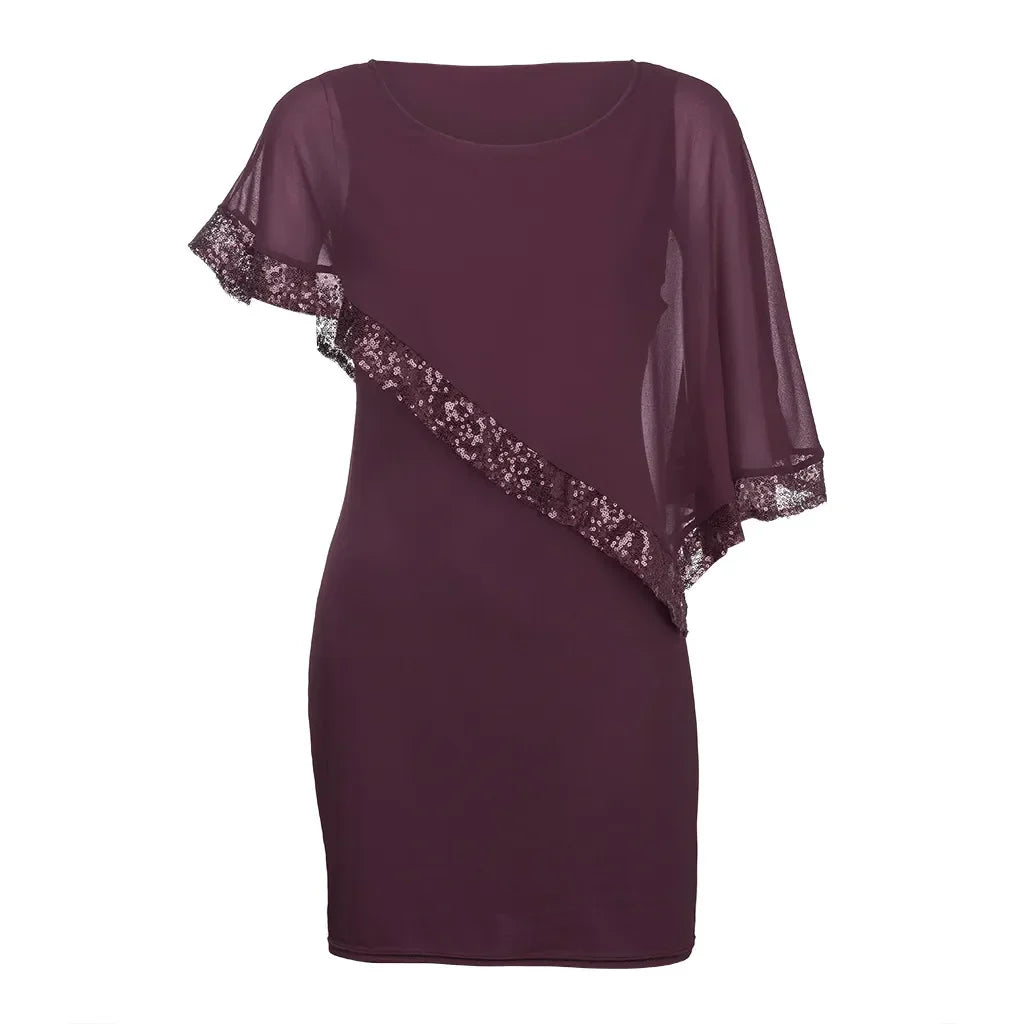 Women's plus size sequin off-shoulder party dress with an alluring asymmetric hem.