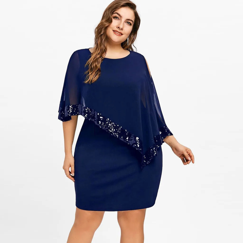 Women's elegant plus size sequin off-shoulder dress, perfect for evening wear.